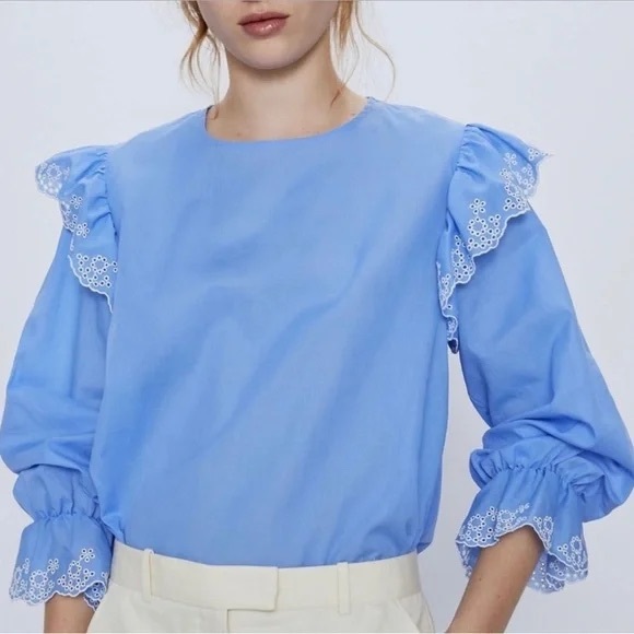 Zara Tops - Zara blouse eyelet ruffle light‎ blue